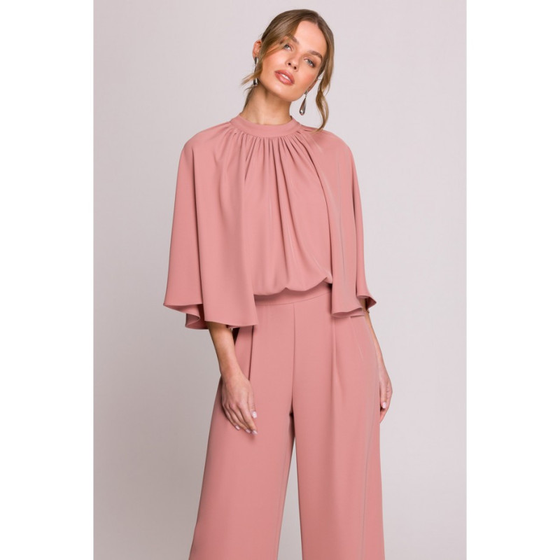 S397 Kombinezon z szerokimi rękawami i wiązaniem - różany