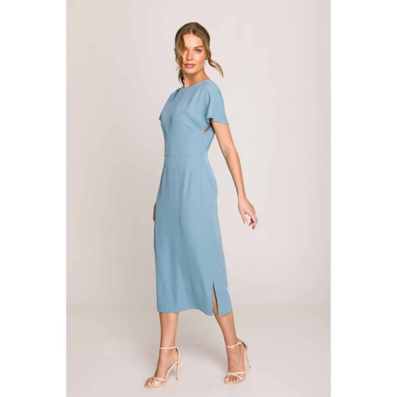S398 Sukienka z dekoltem z tyłu i rozcięciem - zimny niebieski