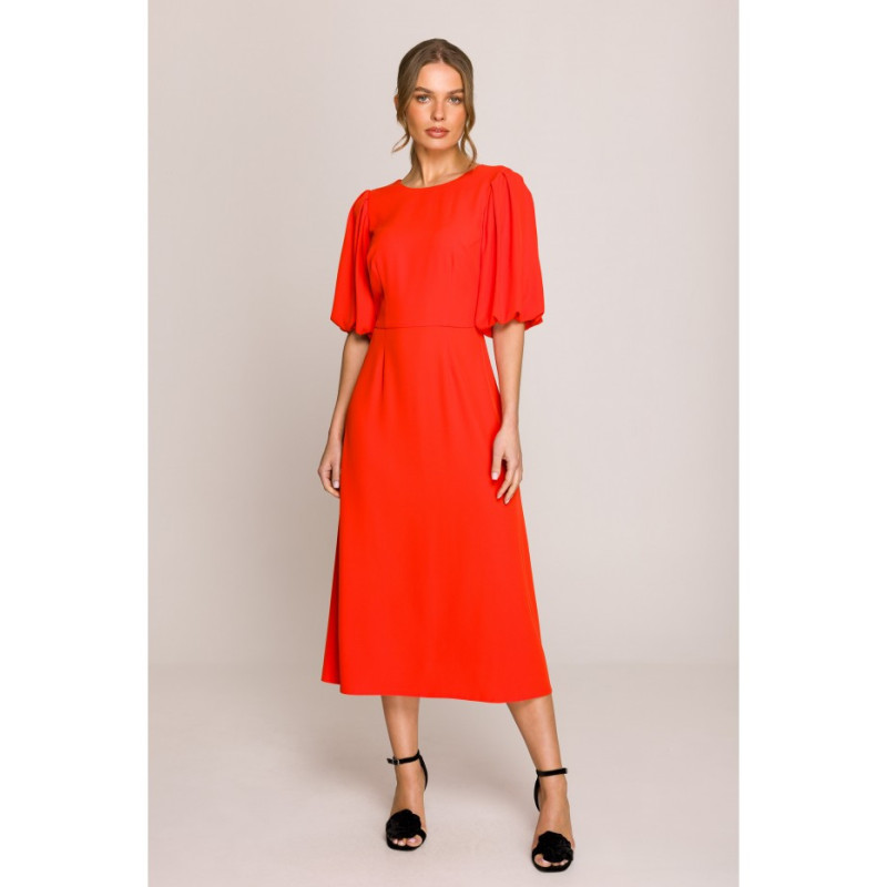 S399 Sukienka z bufiastymi rękawami - koralowa