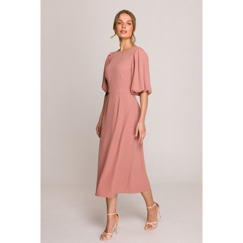 S399 Sukienka z bufiastymi rękawami - różana