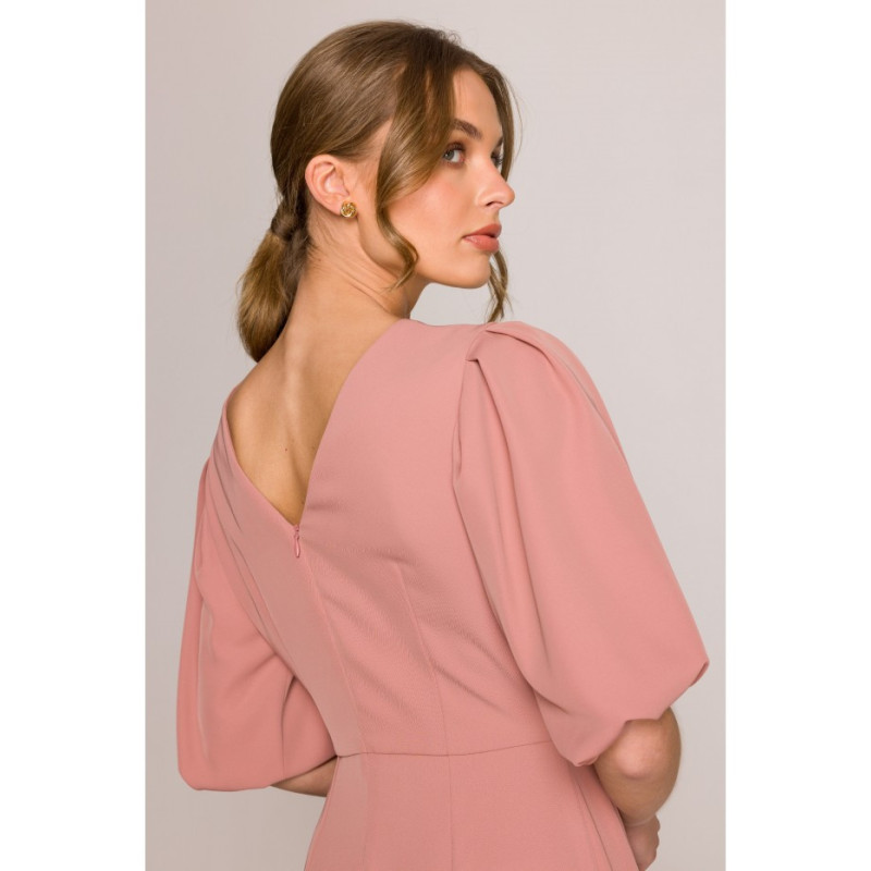 S399 Sukienka z bufiastymi rękawami - różana