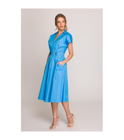 S401 Bawełniana sukienka z kołnierzykiem - niebieska