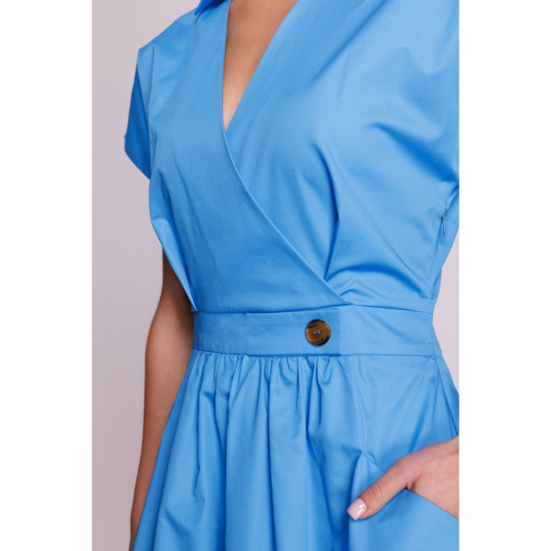 S401 Bawełniana sukienka z kołnierzykiem - niebieska