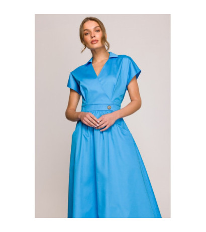 S401 Bawełniana sukienka z kołnierzykiem - niebieska