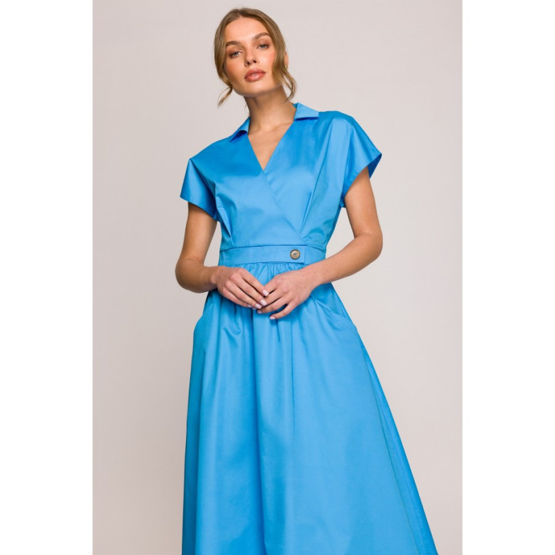S401 Bawełniana sukienka z kołnierzykiem - niebieska