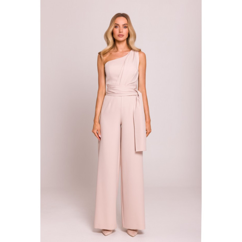 M845 Kombinezon na jedno ramię z wiązanymi szarfami - jasny beżowy