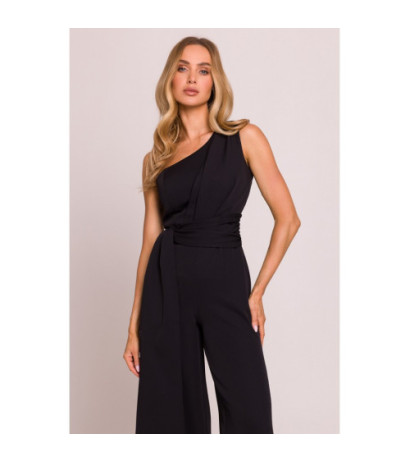 M845 Kombinezon na jedno ramię z wiązanymi szarfami - czarny