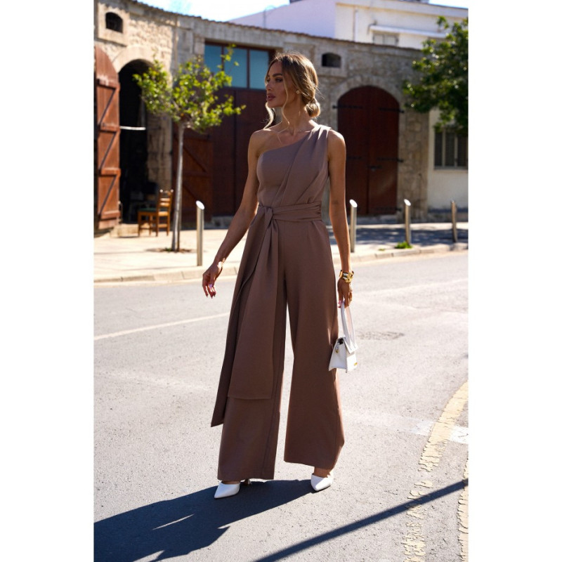 M845 Kombinezon na jedno ramię z wiązanymi szarfami - mokka