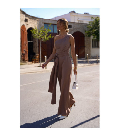 M845 Kombinezon na jedno ramię z wiązanymi szarfami - mokka