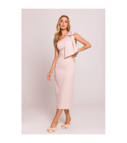 M847 Sukienka na jedno ramię z ozdobną kokardą - jasny beżowy