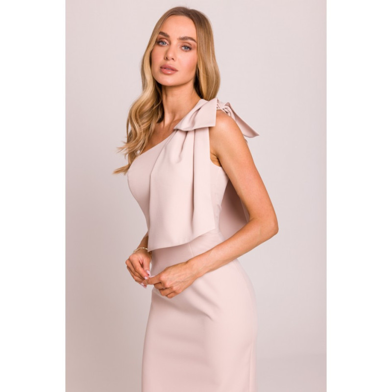 M847 Sukienka na jedno ramię z ozdobną kokardą - jasny beżowy