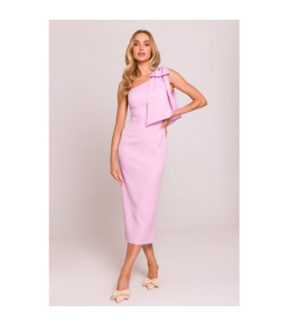 M847 Sukienka na jedno ramię z ozdobną kokardą - cukierkowy róż