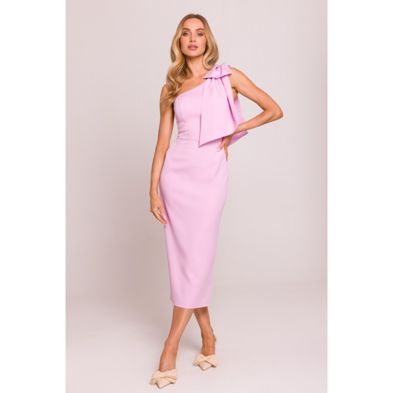 M847 Sukienka na jedno ramię z ozdobną kokardą - cukierkowy róż