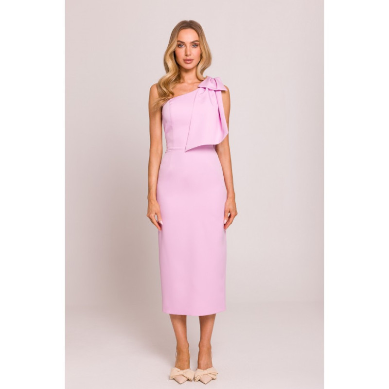 M847 Sukienka na jedno ramię z ozdobną kokardą - cukierkowy róż