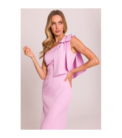 M847 Sukienka na jedno ramię z ozdobną kokardą - cukierkowy róż