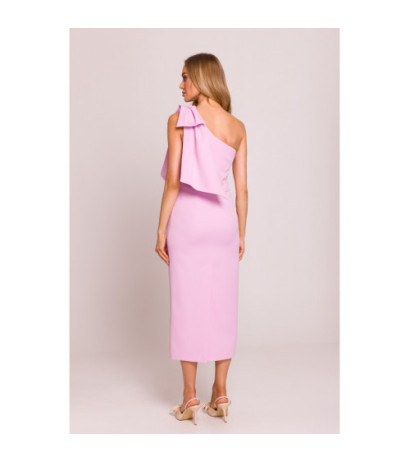 M847 Sukienka na jedno ramię z ozdobną kokardą - cukierkowy róż