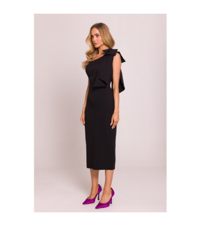 M847 Sukienka na jedno ramię z ozdobną kokardą - czarna