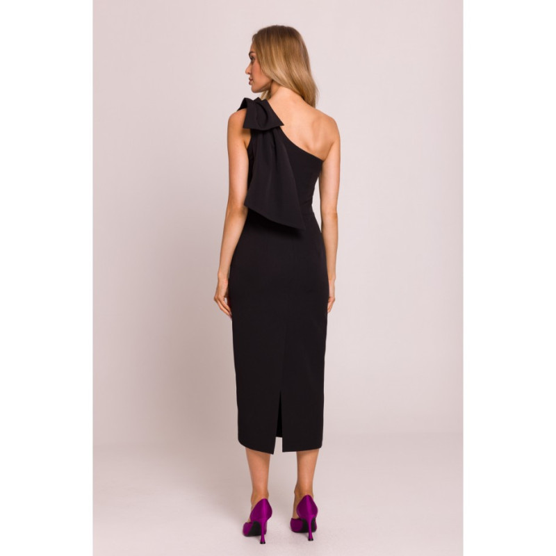 M847 Sukienka na jedno ramię z ozdobną kokardą - czarna