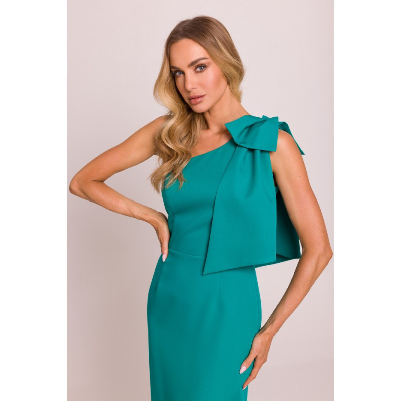 M847 Sukienka na jedno ramię z ozdobną kokardą - turkusowa