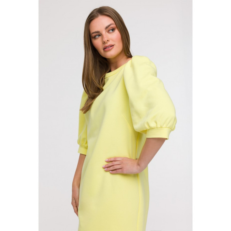 B291 Sukienka z bufiastymi rękawami - cytrynowa