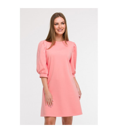 B291 Sukienka z bufiastymi rękawami - koralowa