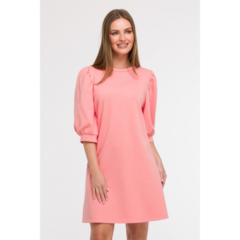 B291 Sukienka z bufiastymi rękawami - koralowa