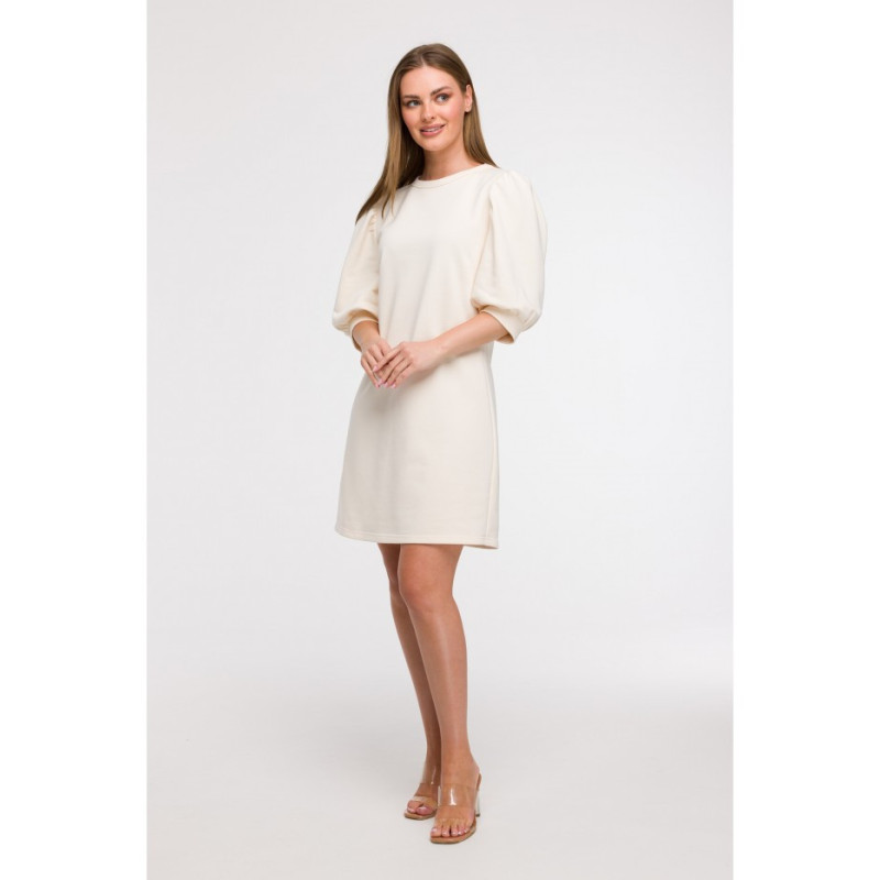 B291 Sukienka z bufiastymi rękawami - waniliowa