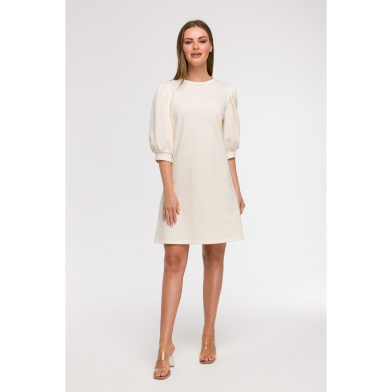 B291 Sukienka z bufiastymi rękawami - waniliowa
