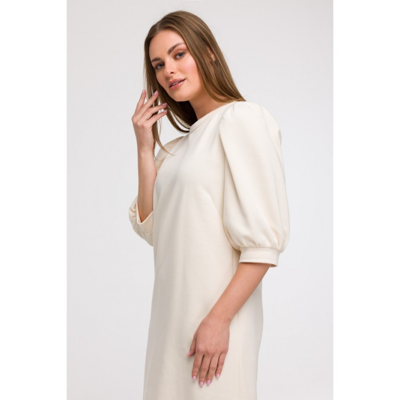 B291 Sukienka z bufiastymi rękawami - waniliowa