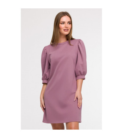 B291 Sukienka z bufiastymi rękawami - wrzosowa