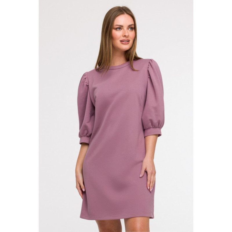 B291 Sukienka z bufiastymi rękawami - wrzosowa