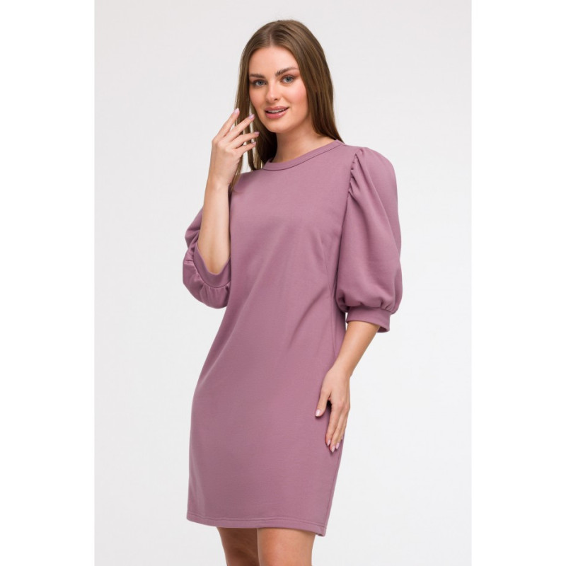 B291 Sukienka z bufiastymi rękawami - wrzosowa