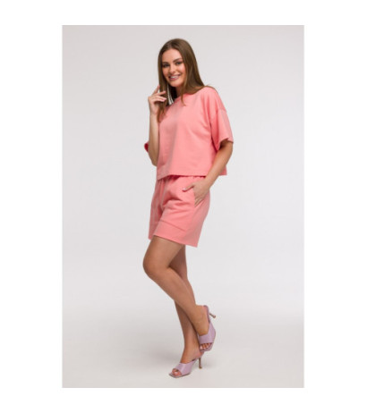 B294 Bluza oversize z krótkimi rękawami - koralowa