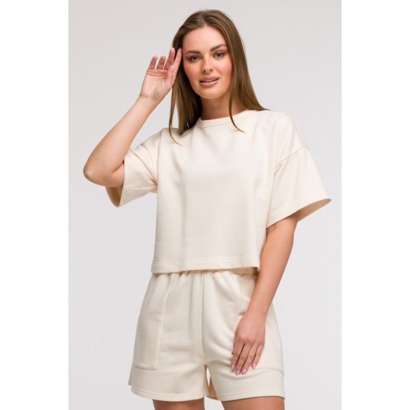 B294 Bluza oversize z krótkimi rękawami - waniliowa