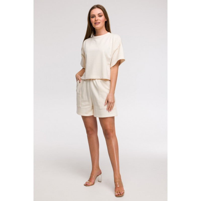 B294 Bluza oversize z krótkimi rękawami - waniliowa