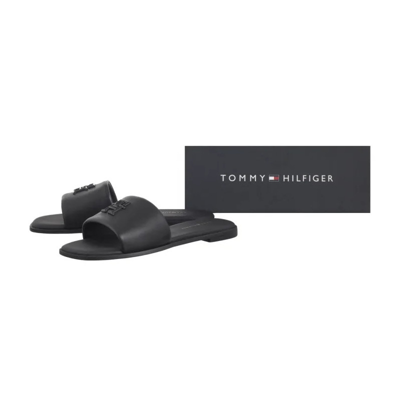 Tommy Hilfiger TH Logo Hardware Leather Mule Black FW0FW08806 BDS (TH1320-b) Women's Shoes/Flip Flops