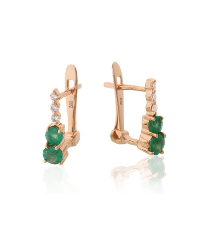 Gold earrings with 'english' lock 1201768(Au-R)_DI+EM, Red Gold 585°, Diamonds , Emerald