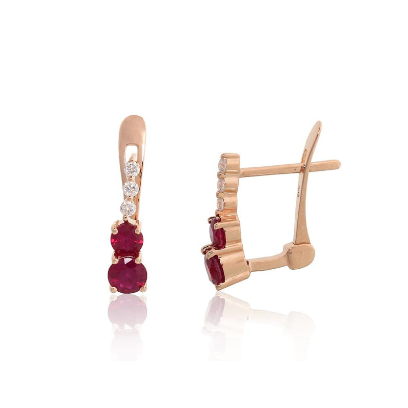 Gold earrings with 'english' lock 1201768(Au-R)_DI+RB, Red Gold 585°, Diamonds , Ruby
