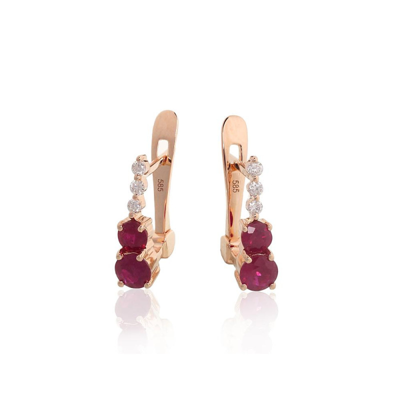 Gold earrings with 'english' lock 1201768(Au-R)_DI+RB, Red Gold 585°, Diamonds , Ruby
