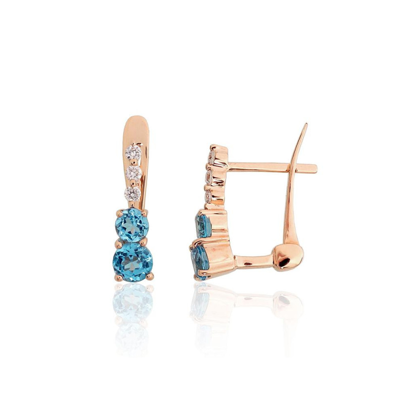 Gold earrings with 'english' lock 1201768(Au-R)_DI+TZB, Red Gold 585°, Diamonds , Blue Topaz