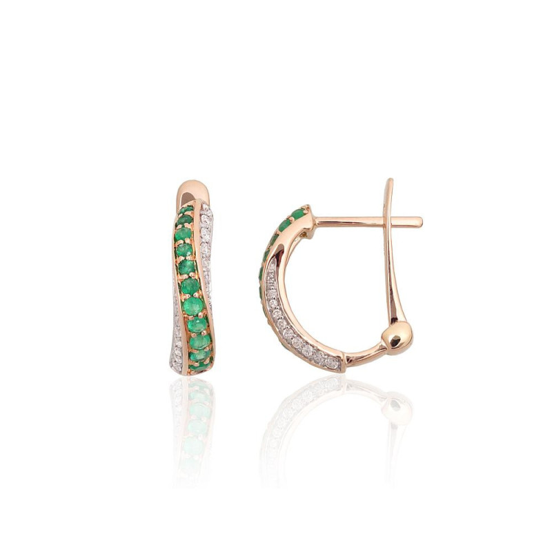 Gold earrings with 'english' lock 1201769(Au-R+PRh-W)_DI+EM, Red Gold 585°, Rhodium (Plating) , Diamonds , Emerald