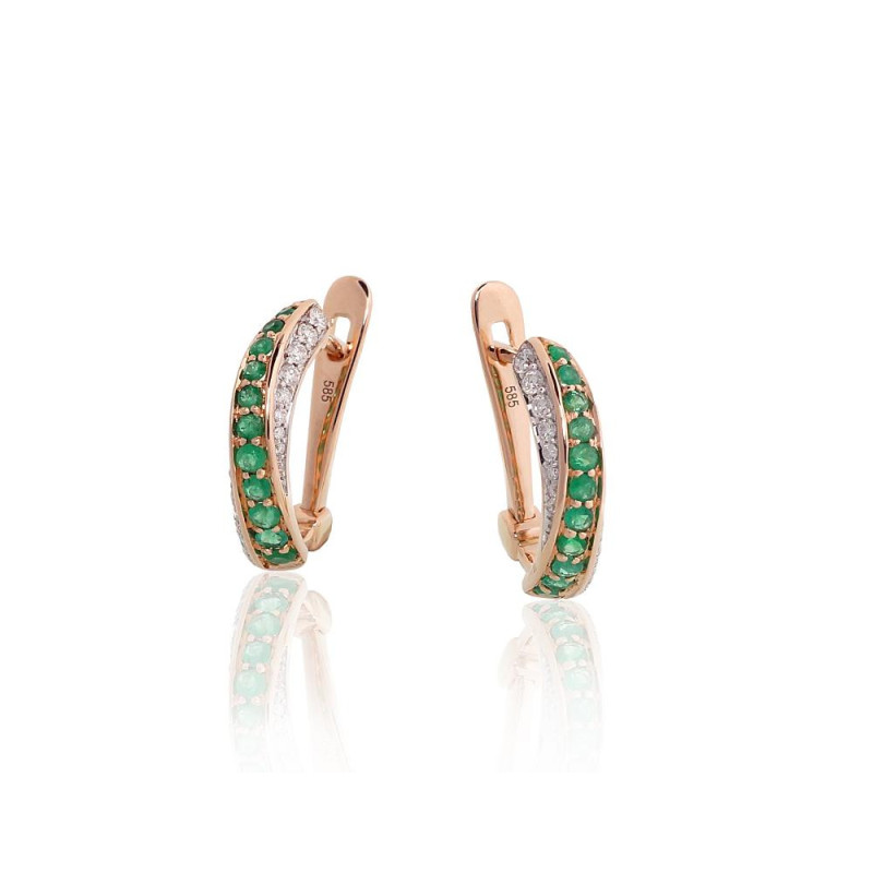 Gold earrings with 'english' lock 1201769(Au-R+PRh-W)_DI+EM, Red Gold 585°, Rhodium (Plating) , Diamonds , Emerald