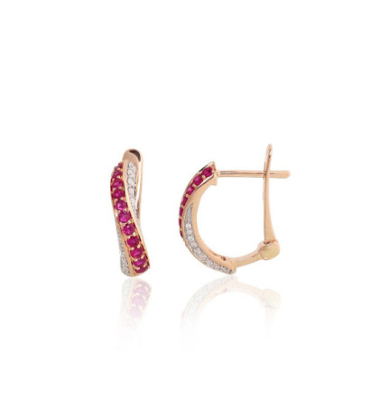 Gold earrings with 'english' lock 1201769(Au-R+PRh-W)_DI+RB, Red Gold 585°, Rhodium (Plating) , Diamonds , Ruby