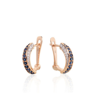 Gold earrings with 'english' lock 1201769(Au-R+PRh-W)_DI+SA, Red Gold 585°, Rhodium (Plating) , Diamonds , Sapphire