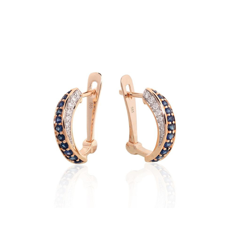 Gold earrings with 'english' lock 1201769(Au-R+PRh-W)_DI+SA, Red Gold 585°, Rhodium (Plating) , Diamonds , Sapphire