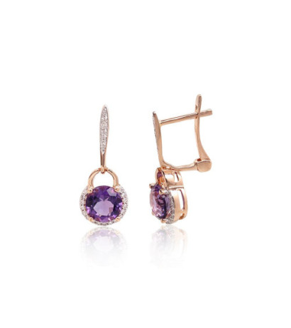 Gold earrings with 'english' lock 1201772(Au-R+PRh-W)_DI+AM, Red Gold 585°, Rhodium (Plating) , Diamonds , Amethyst