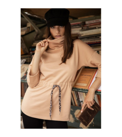 B236 Bluza z golfem i tasiemką w centki - beżowa