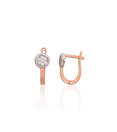 Gold earrings with 'english' lock 1201697(Au-R+PRh-W)_CZ, Red Gold 585°, Rhodium (Plating) , Zirkons