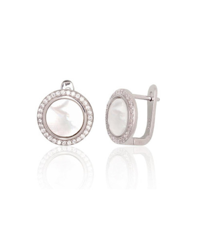 Silver earrings with 'english' lock 2204183(PRh-Gr)_CZ+PL, Silver 925°, Rhodium (Plating), Zirkons , Mother-of-pearl