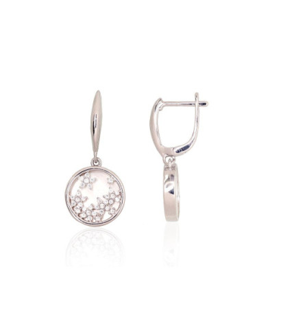 Silver earrings with 'english' lock 2204185(PRh-Gr)_CZ+PL, Silver 925°, Rhodium (Plating), Zirkons , Mother-of-pearl